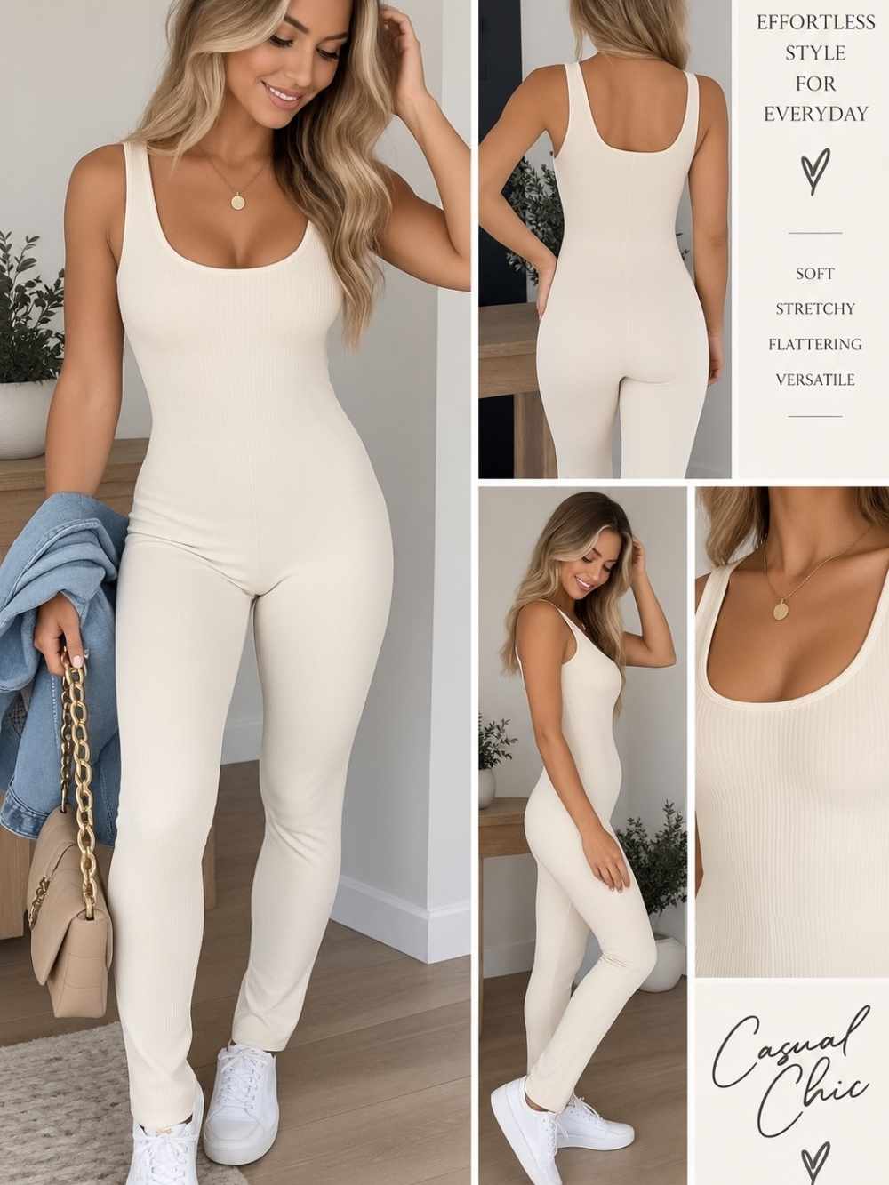 Everyday Ribbed Scoop-Neck Jumpsuit — Cream